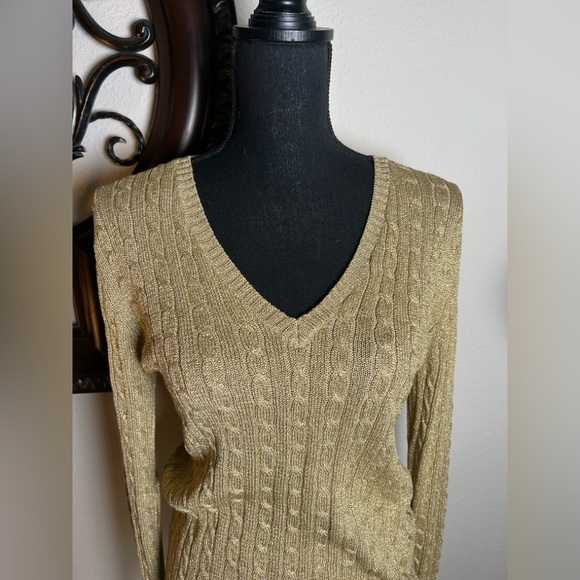 Ralph Lauren Women’s V-Neck Gold Metallic Cable Knit Silk Blend Sweater Large - Picture 11 of 15